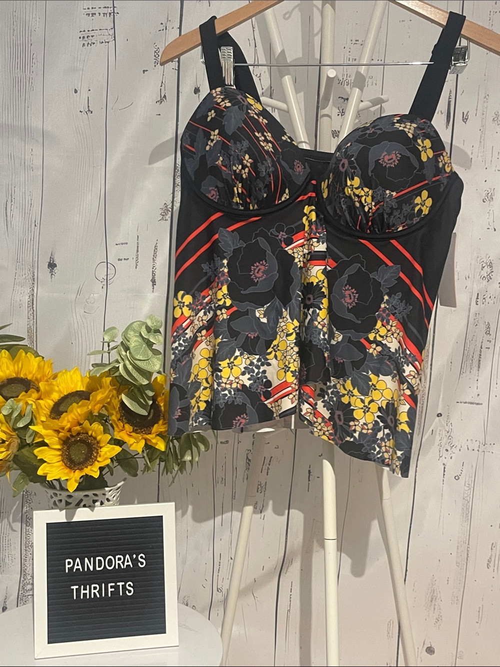 Swimsuits For All Black Floral Bustier Swim Camisole Size 14 NWT